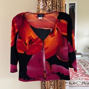 Vintage Floral V Neck Cardigan Shell Single Button Long Sleeve Black Shell